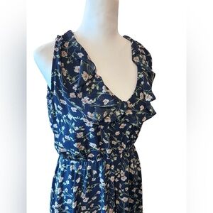 Entro Navy Floral Sleeveless Dress Ruffle Shoulder Size M